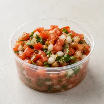 Fresh Pico de Gallo in a clear takeout sauce cup.