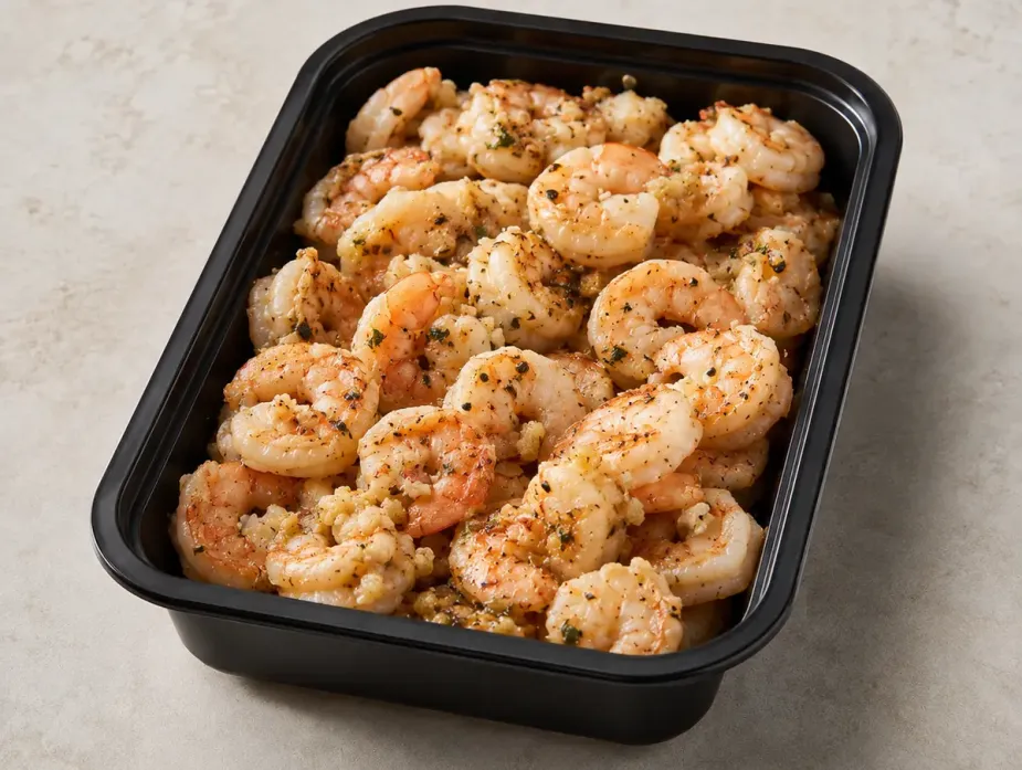 Pan Fried Garlic Shrimp in a black meal-prep container.