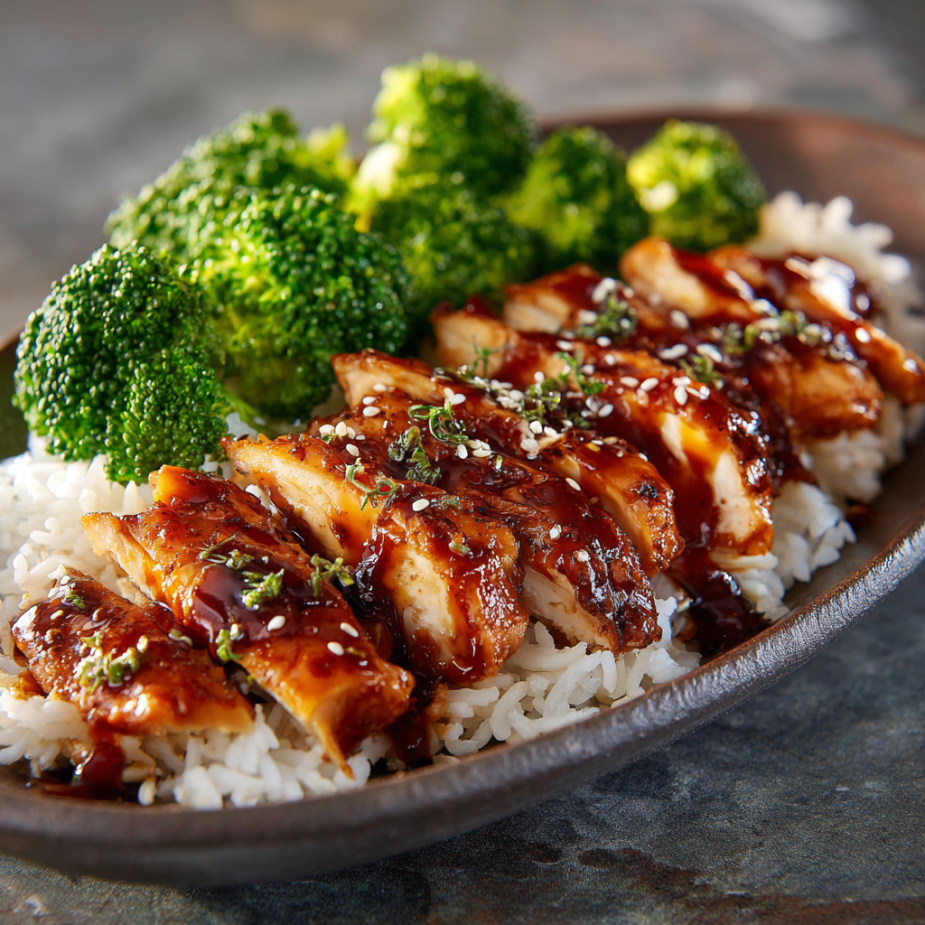 Teriyaki Chicken Family Bundle platter with glazed chicken, sesame broccoli, and coconut jasmine rice