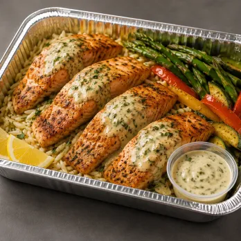 Lemon Herb Salmon Family Bundle in a half-size aluminum tray with roasted salmon, orzo and vegetables