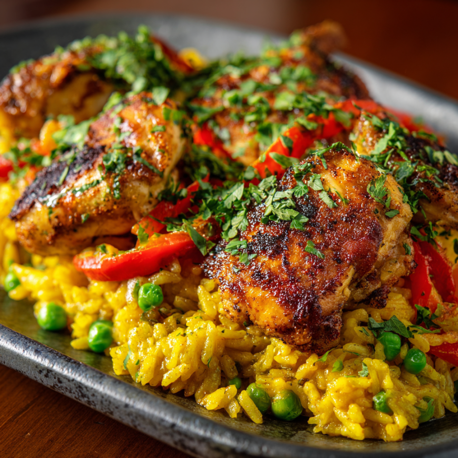 Peruvian Arroz con Pollo Family Bundle platter with cilantro rice, chicken, peppers, and peas – serves 5