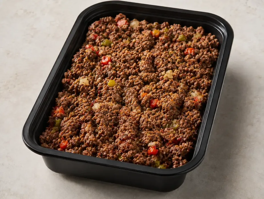 Grass Fed Beef Picadillo in a black meal-prep container.