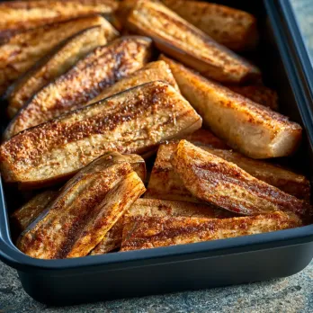 Cast Iron Eggplant Spears sold by the ounce in a black meal-prep container.
