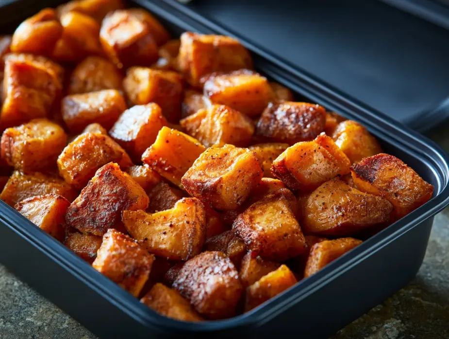 Roasted Sweet Potatoes sold by the ounce in a black meal-prep container.