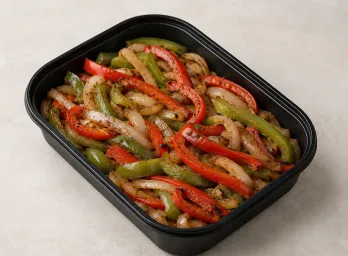 Fajita Vegetables in a black meal-prep container.