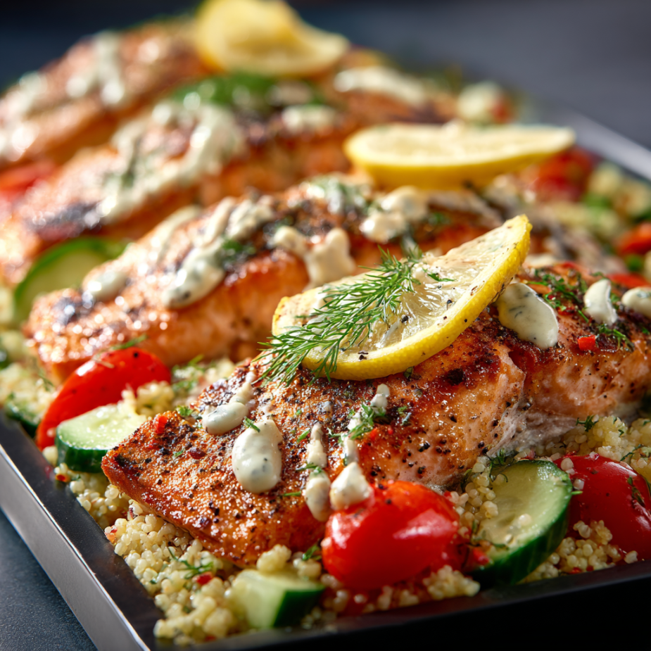 Mediterranean Salmon Family Bundle platter with salmon, couscous, cucumber salad, and tahini