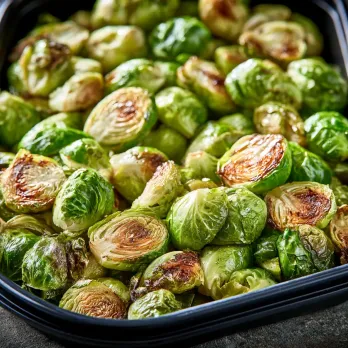 Roasted Brussels Sprouts sold by the ounce in a black meal-prep container.