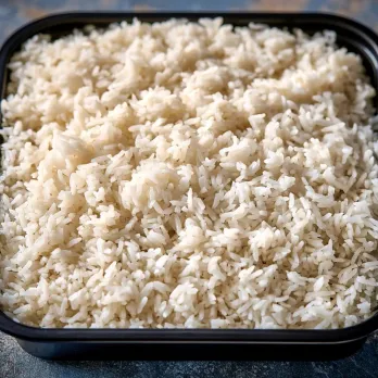 Thai Jasmine Rice sold by the ounce in a black meal-prep container.