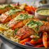 Salmon Lemon Herb Family Bundle platter with roasted salmon fillets, orzo pasta, and roasted vegetables – serves 5