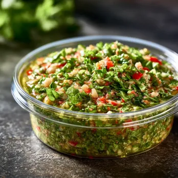 Chimichurri sold by the ounce in a black meal-prep container.